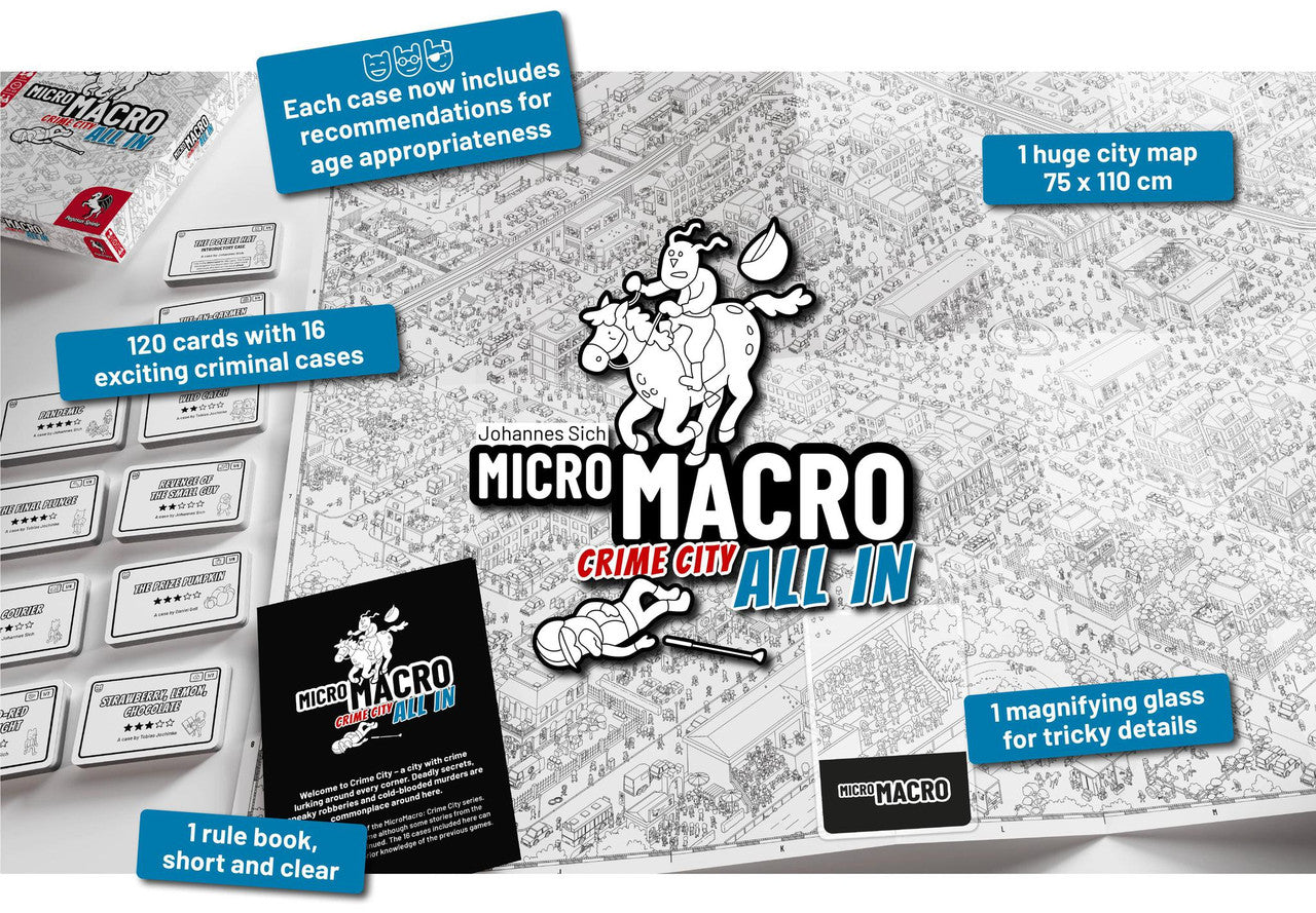 Micromacro Crime City game components, including detective cards, city map, and magnifying glass.