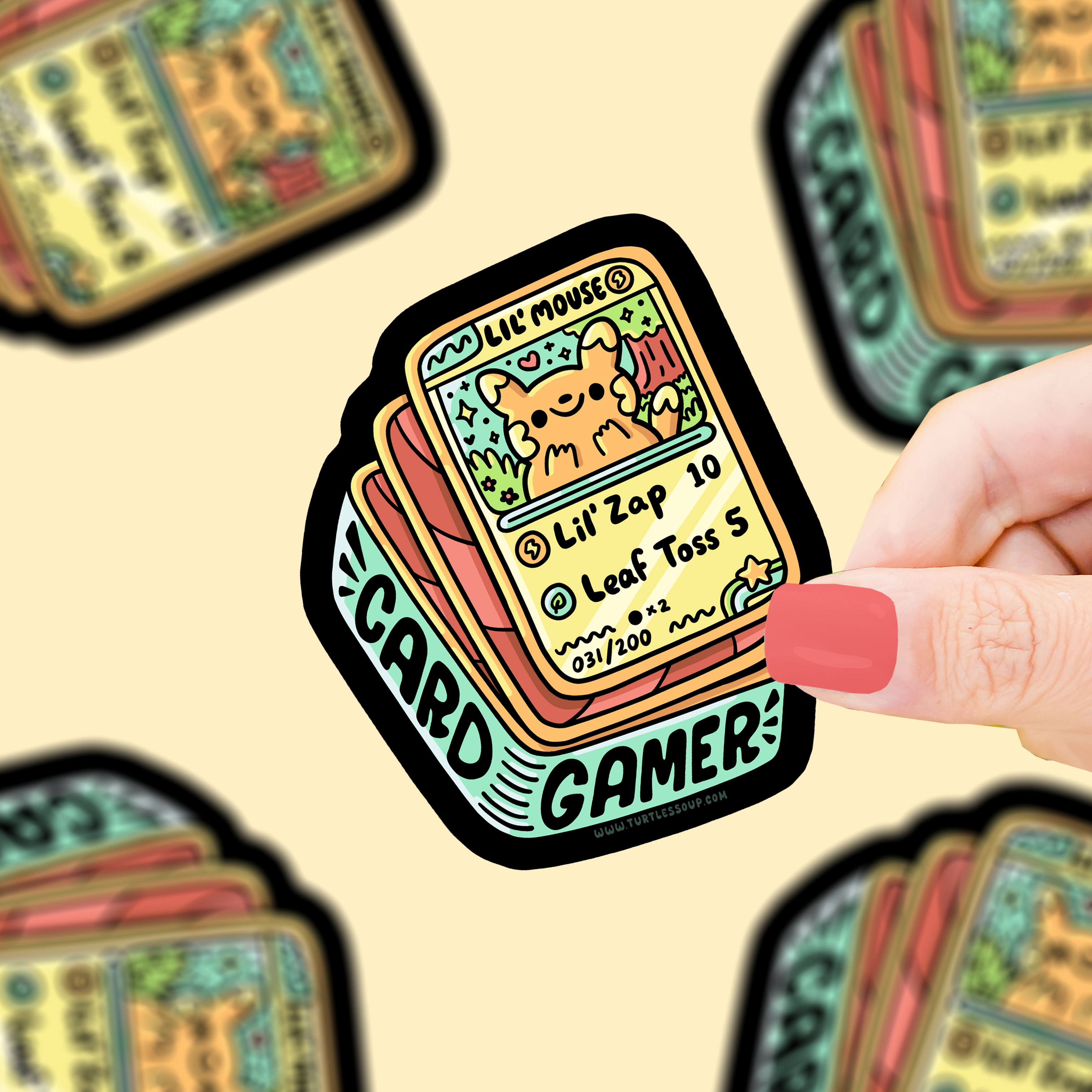 Card Gamer vinyl sticker featuring a TCG-inspired mouse with Lil Zap and Leaf Toss trading card moves held in a hand.