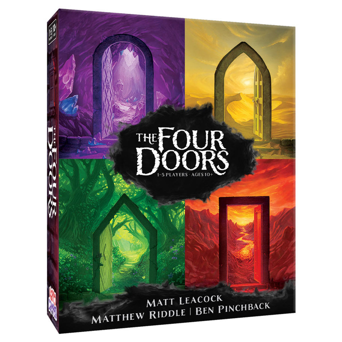 The Four Doors board game with four magical, colorful doors and a cooperative adventure quest theme.