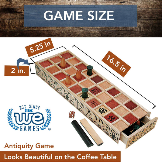 Wood Senet Game set with hieroglyphics, pegs, dice, and integrated storage drawer.