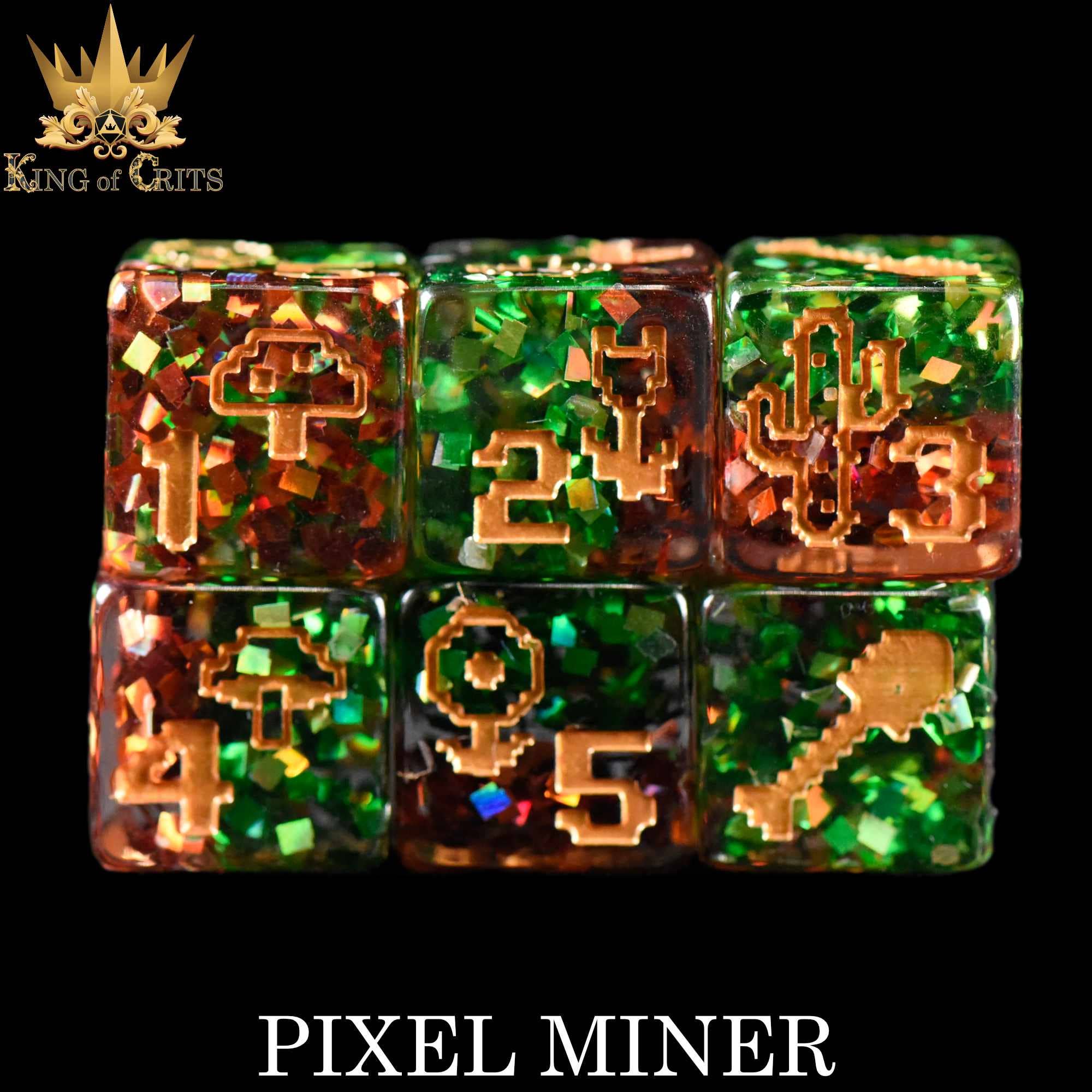 Pixel Miner 11-piece glitter dice set with gold pixel numbers, RPG mining icons, and King of Crits label.