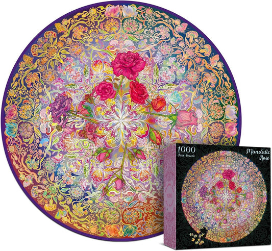 The Mandalic Rose 1000 Piece round jigsaw puzzle features pink roses at the center and comes with matching box art.