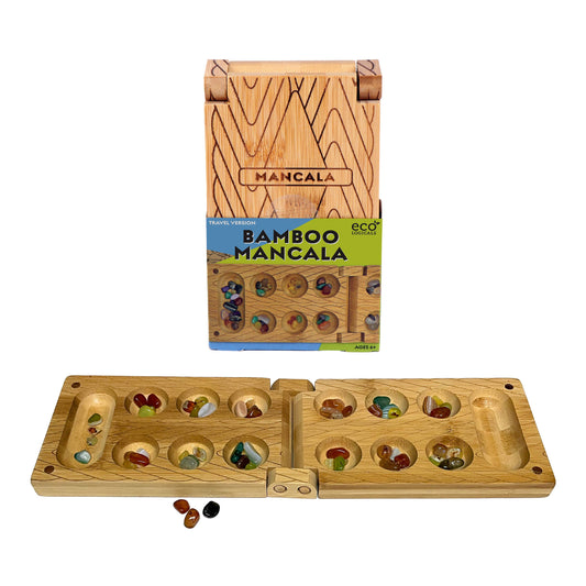 Travel Bamboo Mancala Game with colorful stones and magnetic clasp.