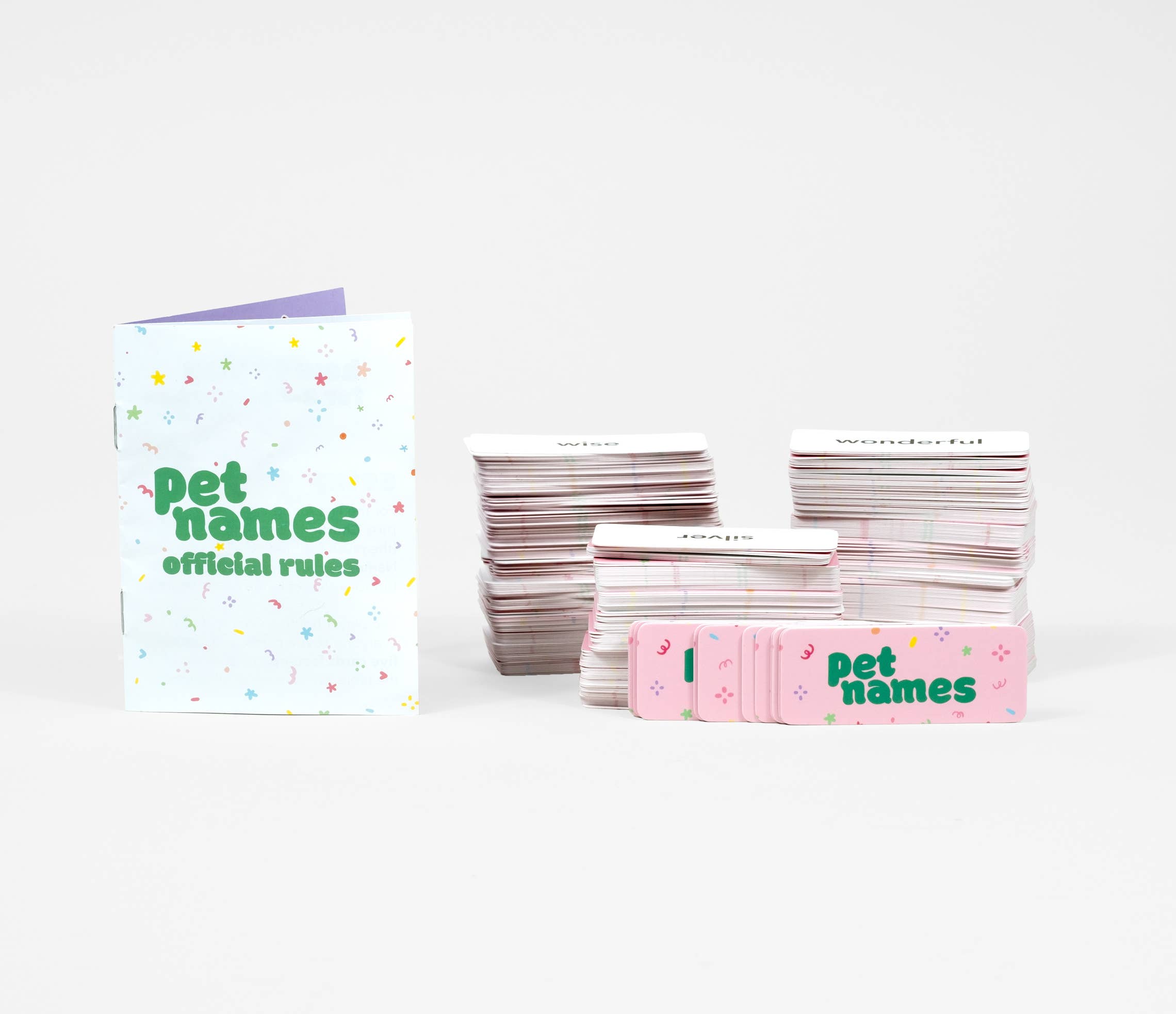 Pet Names: A Game of Endearments party game with card stacks and a rules booklet.