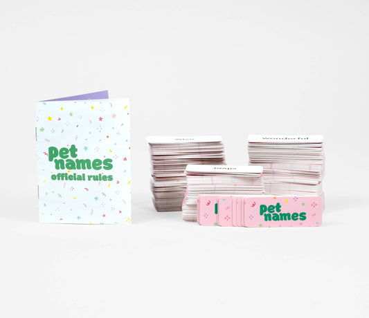 Pet Names: A Game of Endearments party game with card stacks and a rules booklet.