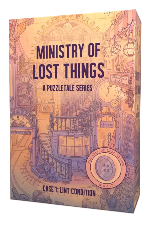 Box for Ministry of Lost Things: Case 1: Lint Condition, a tactile mystery game with illustrated packaging.