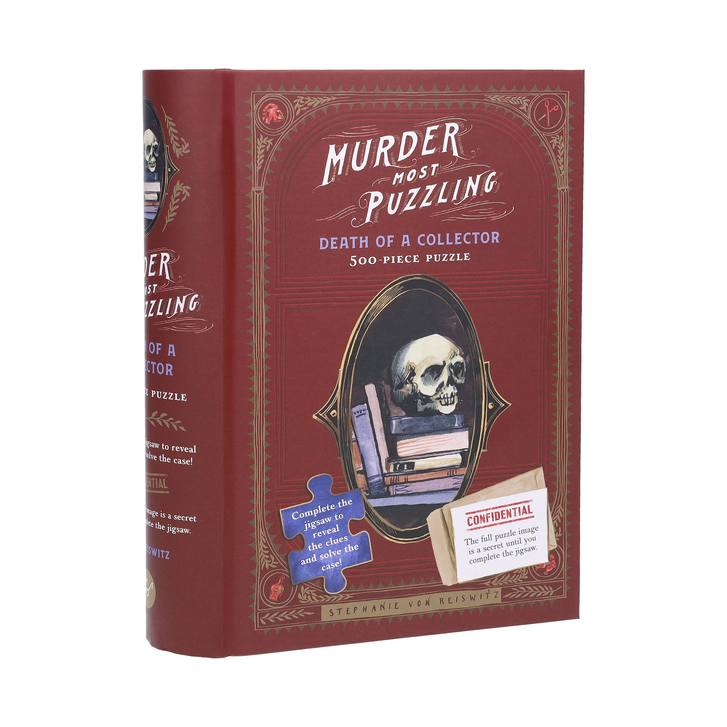 Murder Most Puzzling Death of a Collector 500-piece puzzle in book-shaped box with skull, books, and papers on cover.