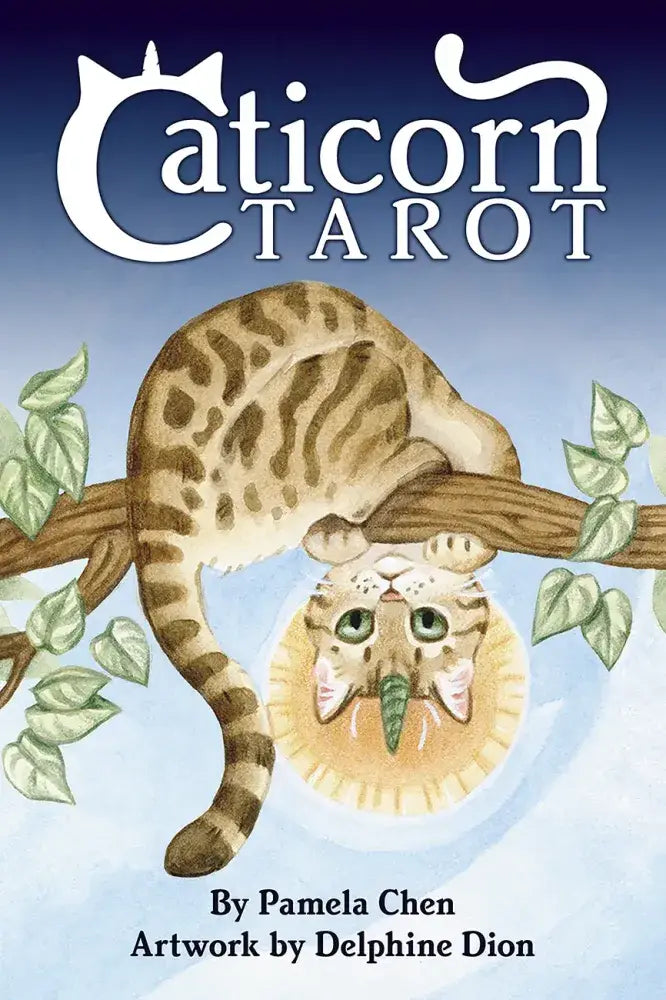 Caticorn Tarot deck cover featuring a cat hanging upside down from a branch.