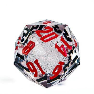 55mm Titan D20 die with sharp edges, red and black bubbles, and a crushed ice texture on a white background.