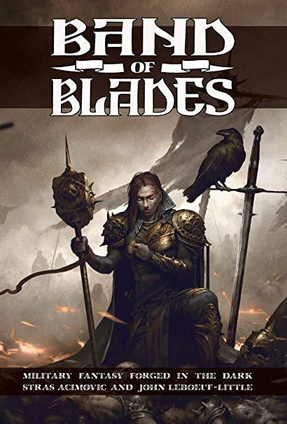Band of Blades book cover with armored fantasy warrior, spear, crows, and title text.