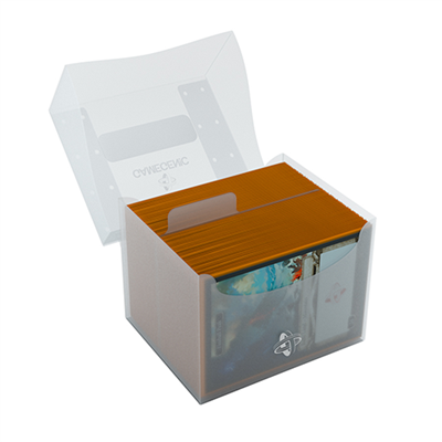 Side Holder 100+ XL with brown file dividers and double-sleeved cards, transparent lid open behind the holder.