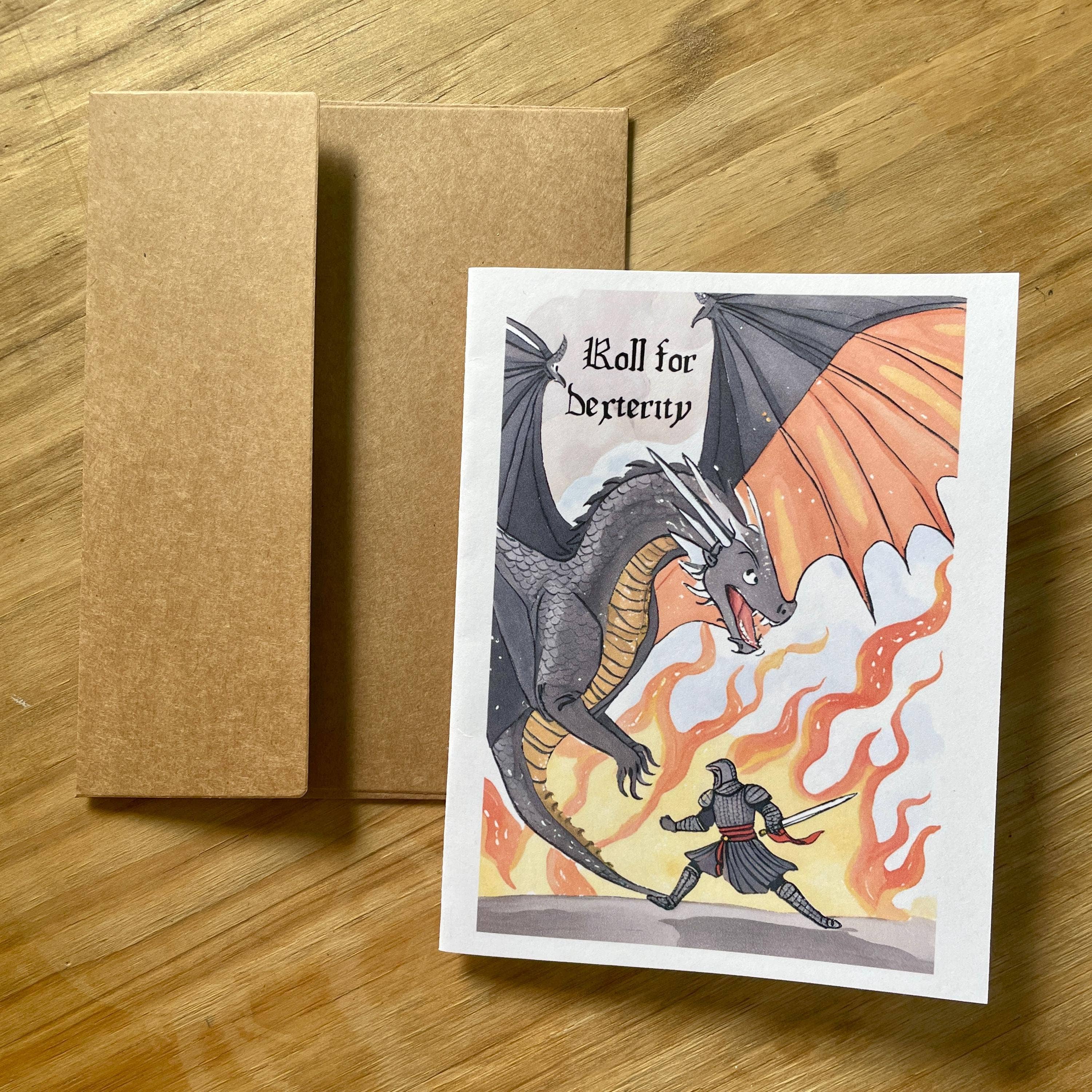 Medieval Knight and Dragon Encouragement Card, blank inside, with dragon vs knight and flames. Text: Roll for Dexterity.