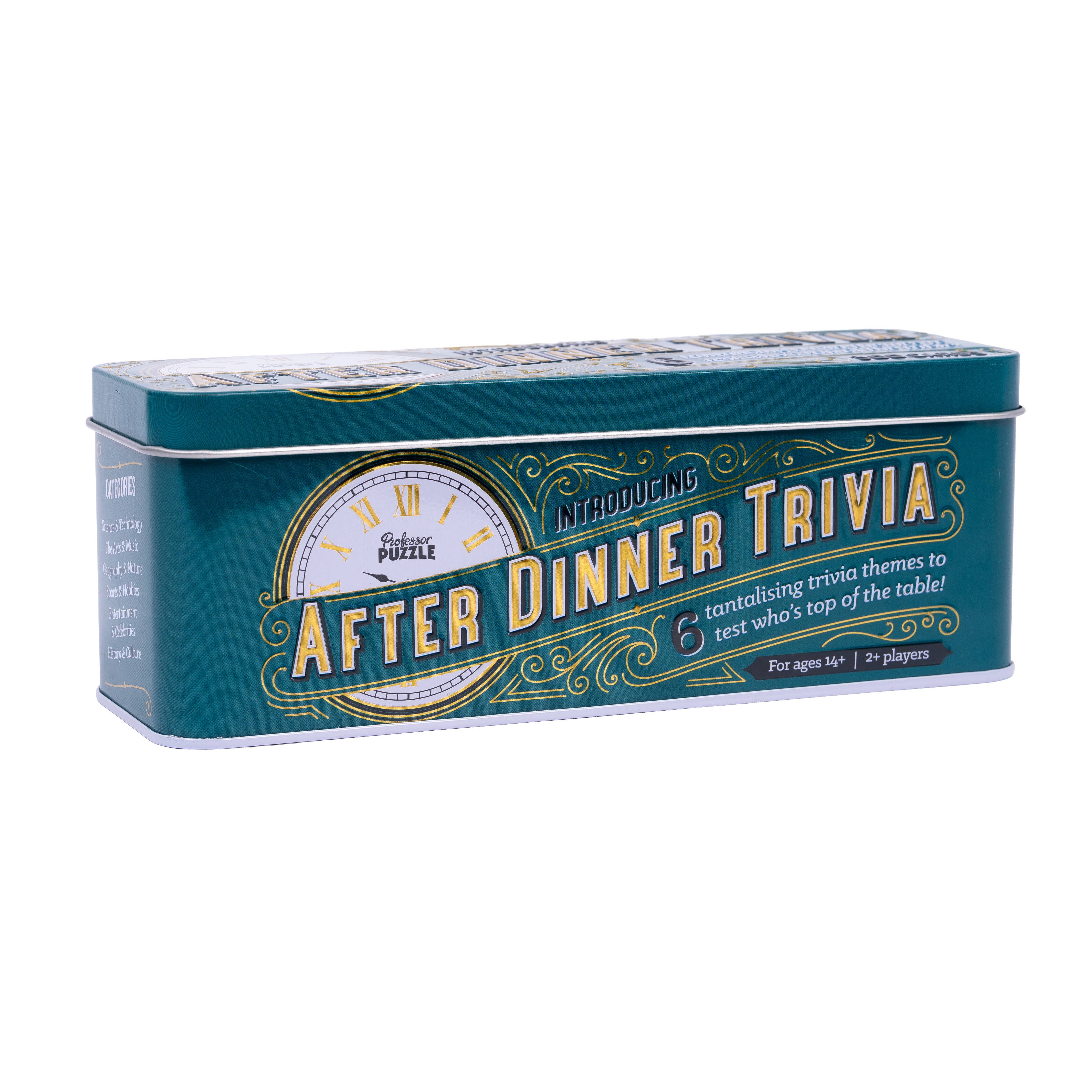 After Dinner Trivia teal tin box, classic trivia questions, ages 14+, for 2 or more players.