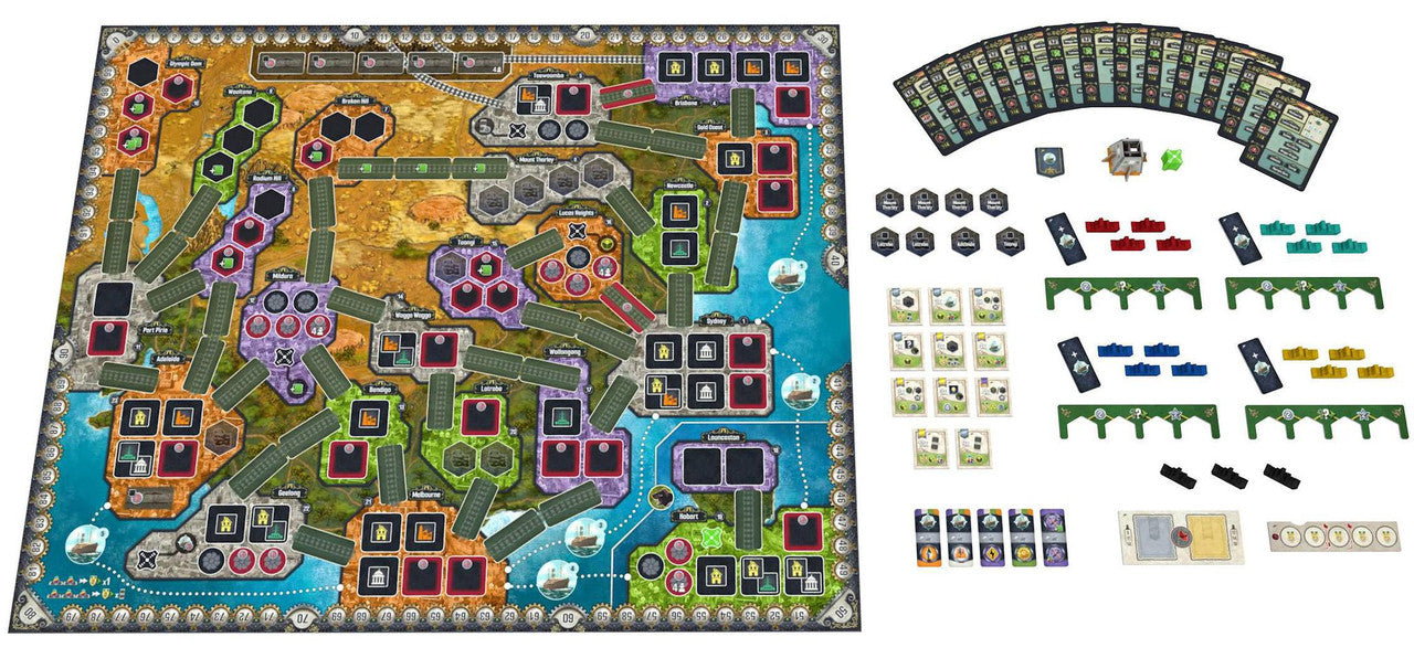 Nucleum Australia Expansion board game with Australia map, train tracks, cards, and uranium deposit components.