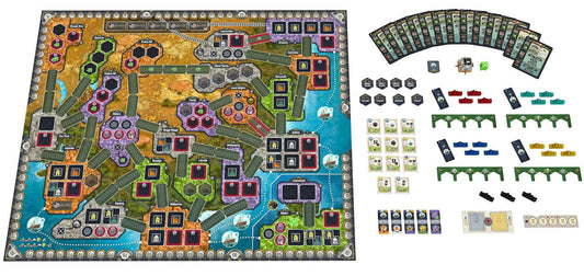 Nucleum Australia Expansion board game with Australia map, train tracks, cards, and uranium deposit components.