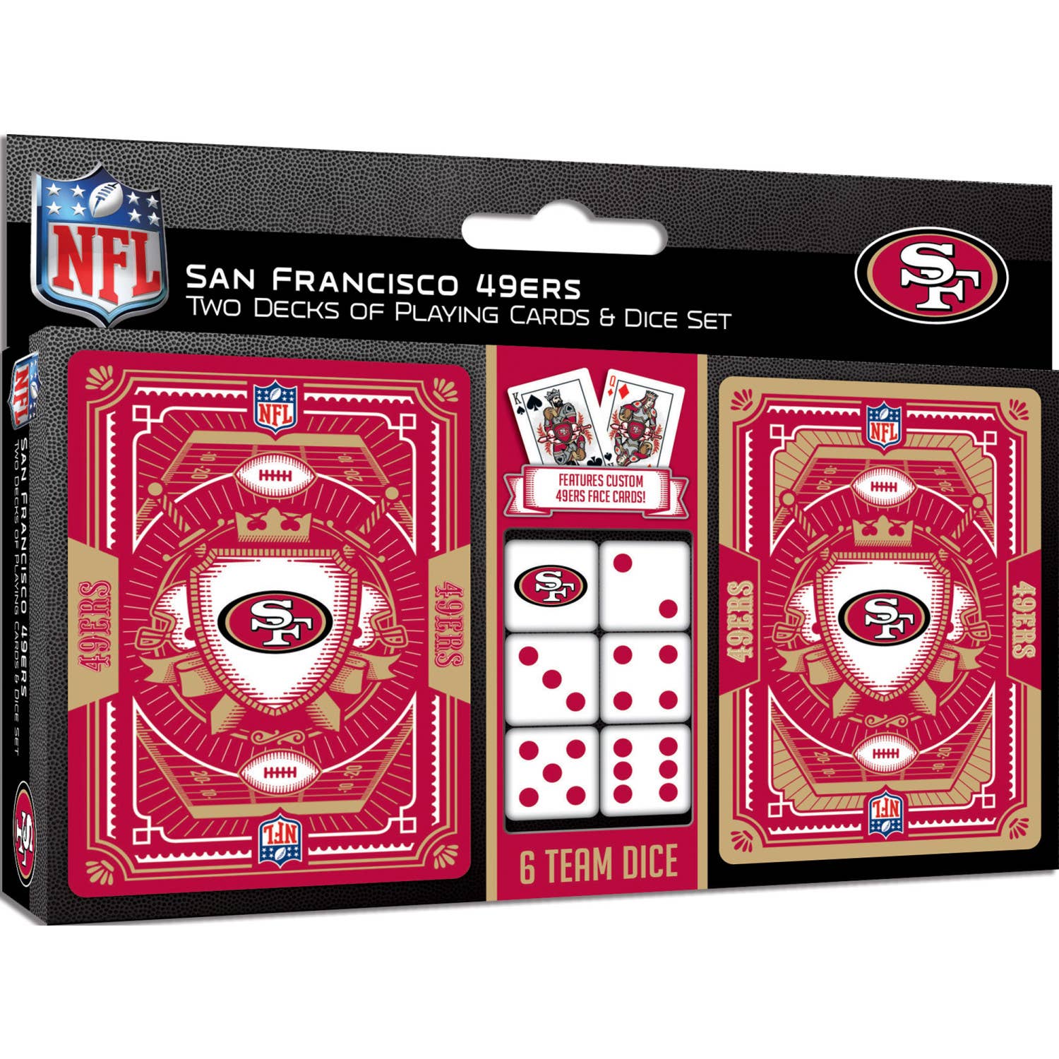 San Francisco 49ers 2-pack playing cards and dice set with team logos and colors.