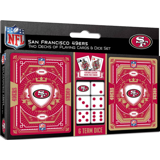 San Francisco 49ers 2-pack playing cards and dice set with team logos and colors.