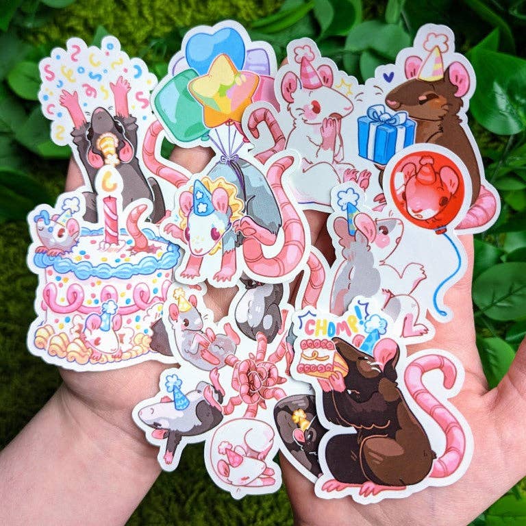 Rat Party Stickers depicting cakes, balloons, and party hats held in a hand.