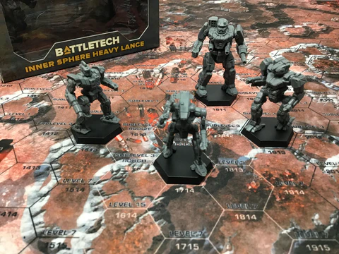 Four gray BattleTech Inner Sphere Command Lance miniatures displayed on a hex map.