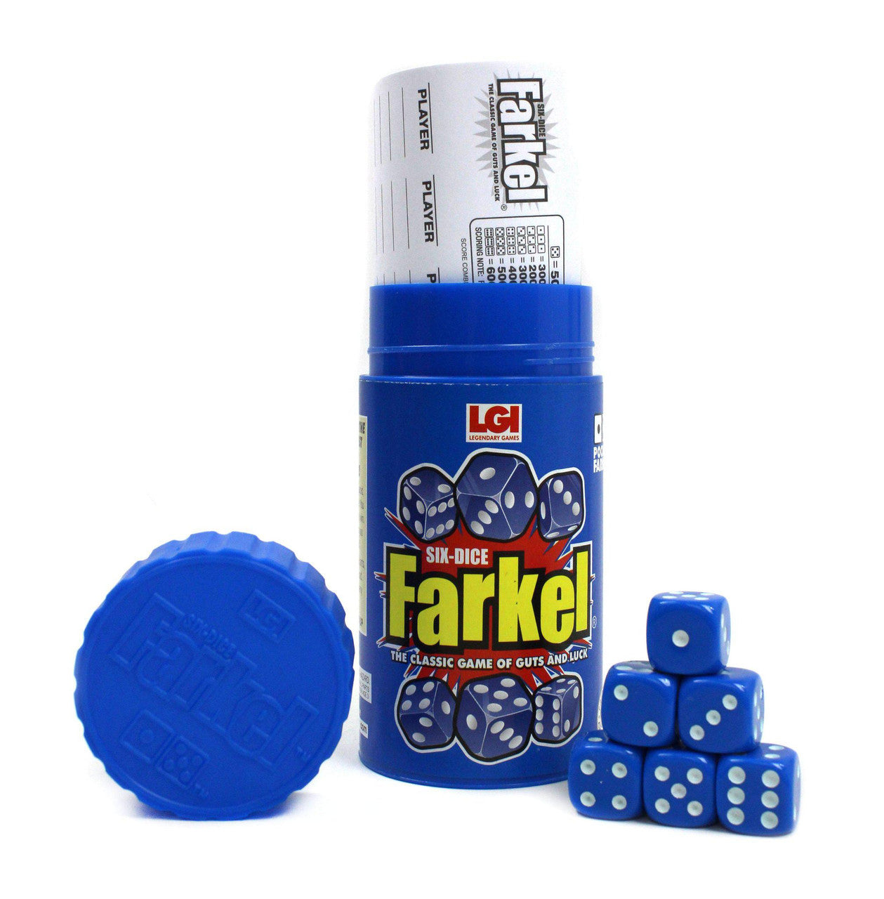Classic Farkel game set with score pads, blue lid, and blue dice.