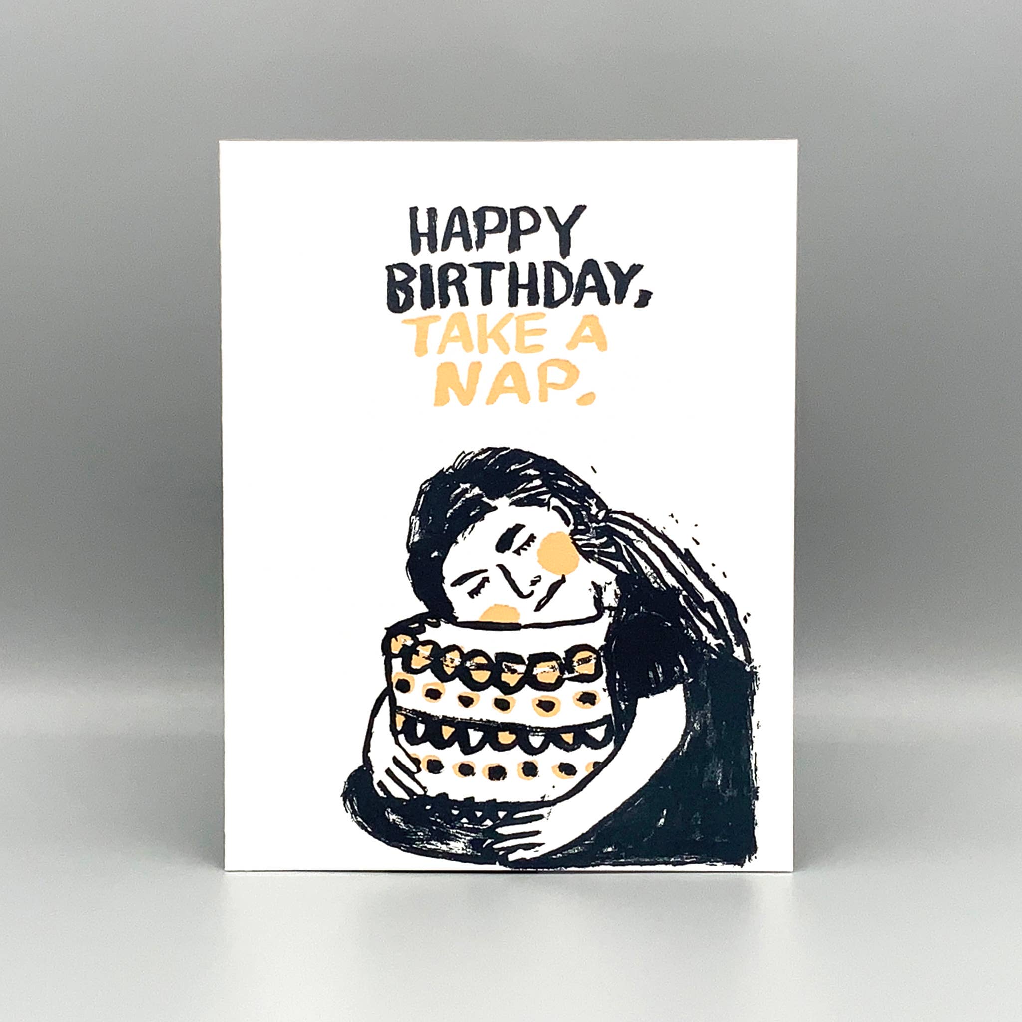 Birthday Nap card, letterpress printed with cake hug design, includes kraft envelope.