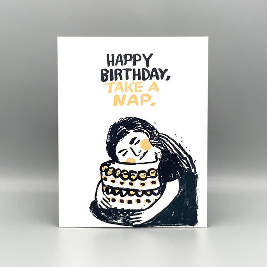 Birthday Nap card, letterpress printed with cake hug design, includes kraft envelope.