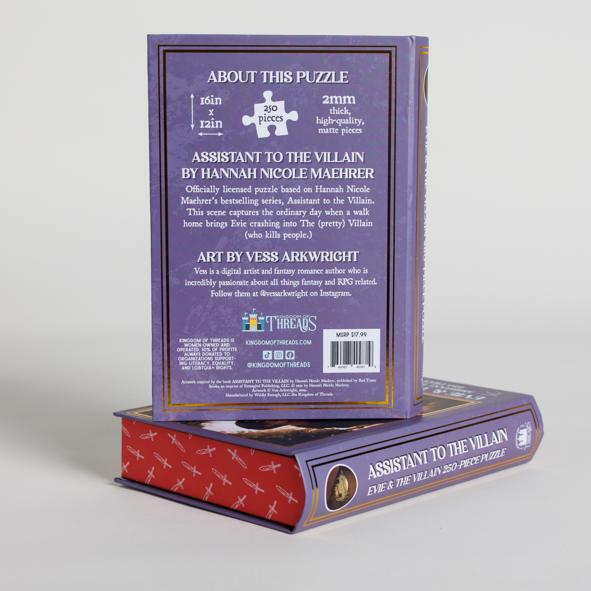 Evie & Villain Keepsake Puzzle | Assistant to the Villain on a stacked red book-shaped keepsake box.