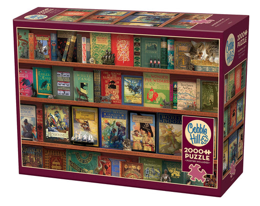 Cobble Hill Adventure Storytime 2000-piece puzzle with classic book covers and a cat on the top shelf.