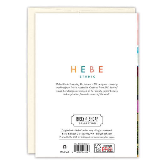 Back of Spectacular Year Birthday Card showing Hebe Studio logo, details, and publisher info on recycled paper.