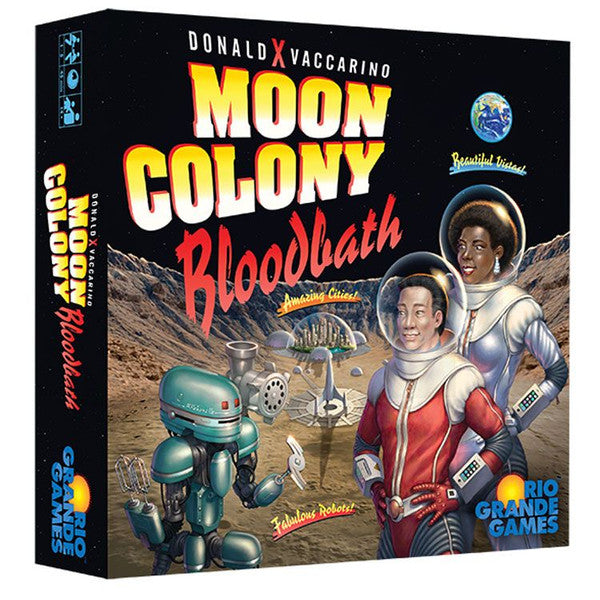 Moon Colony Bloodbath board game with astronauts, robot, and lunar adventure theme on rocky moon surface.