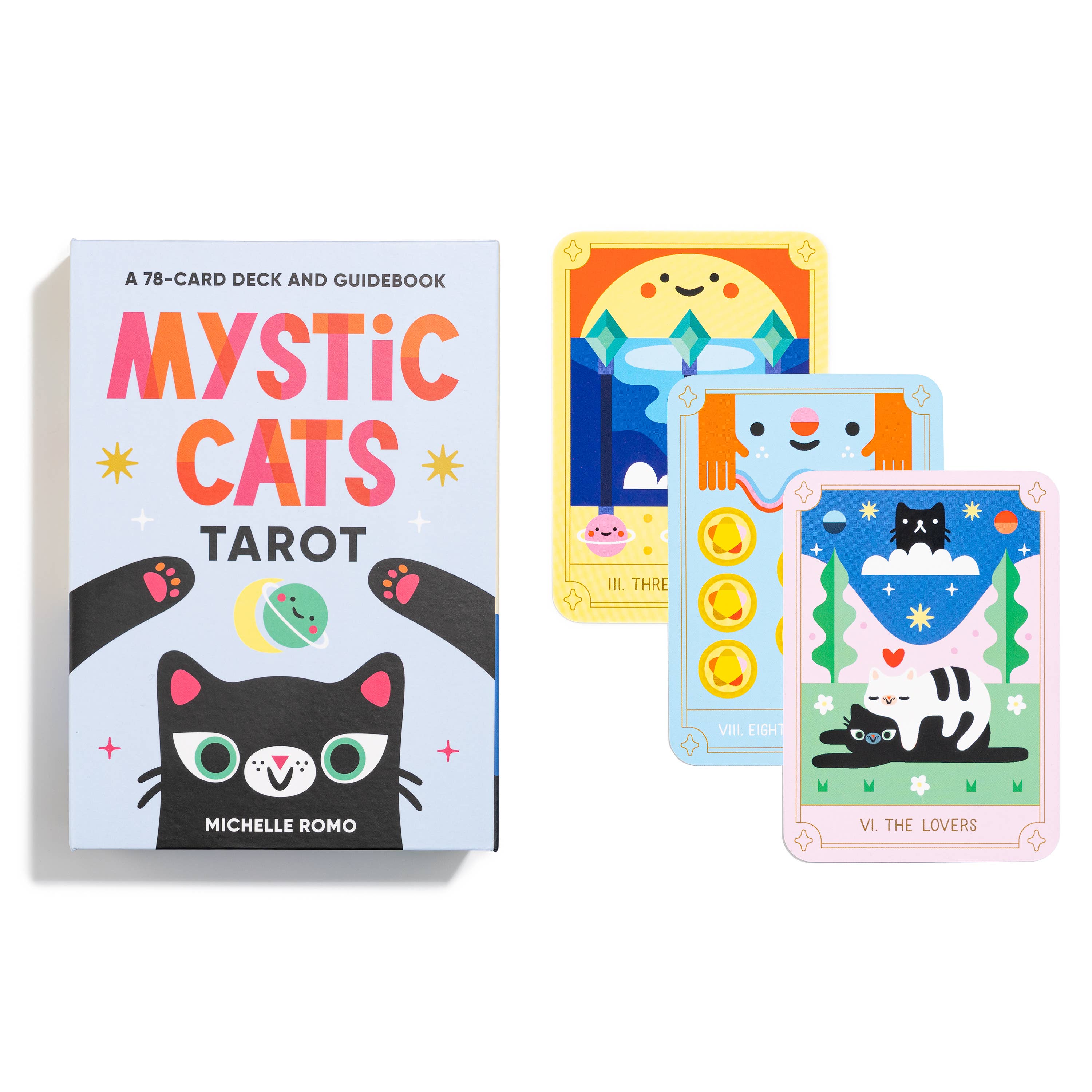 Mystic Cats Tarot 78-card deck and guidebook with three kawaii cat cards next to the box.