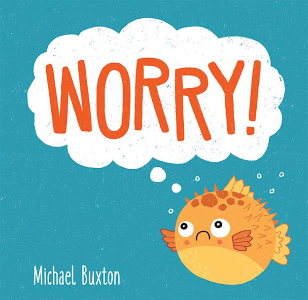 Worry product featuring a sad puffer fish illustration with a WORRY thought bubble on a blue background.
