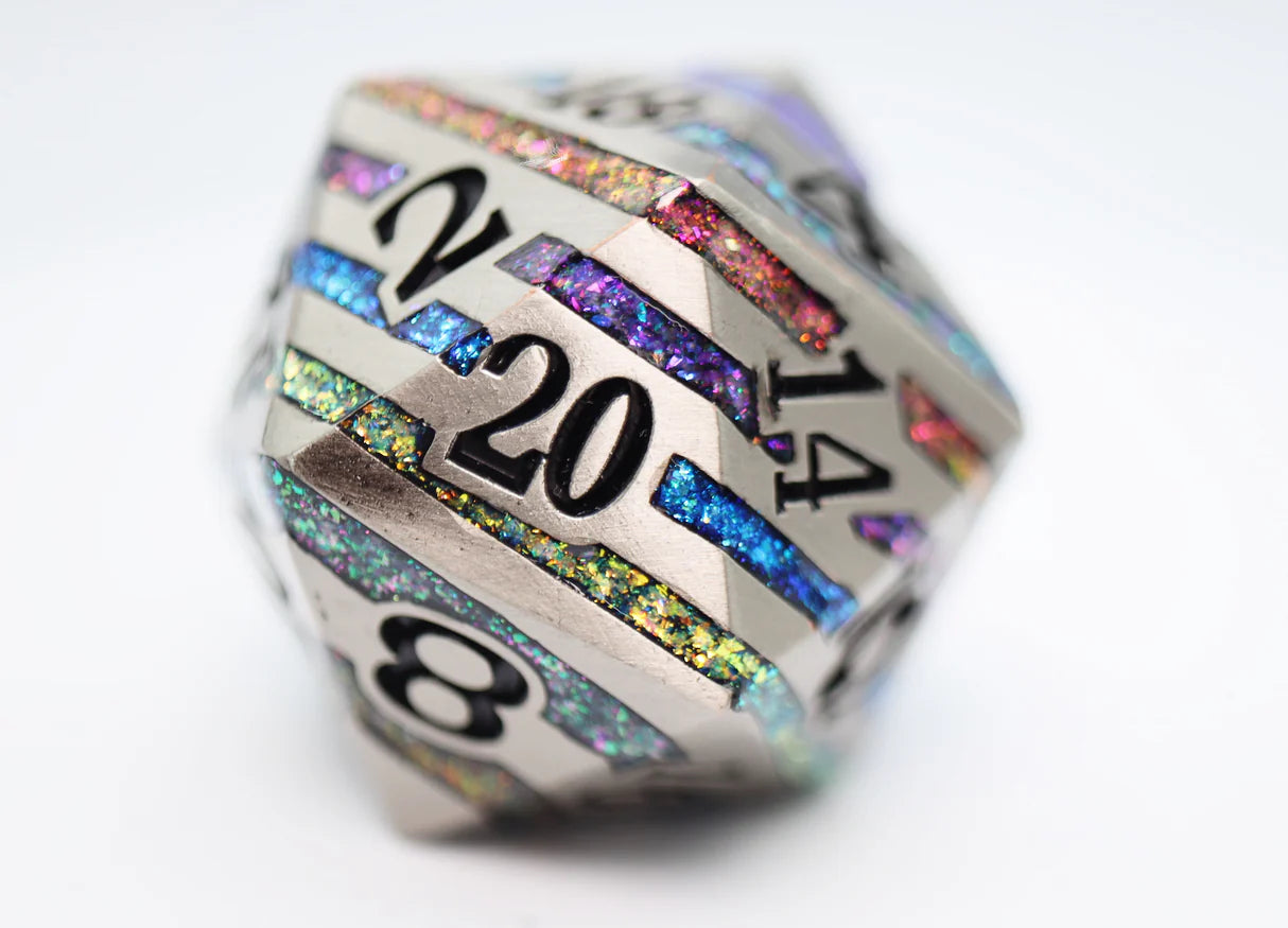 35mm Metal D20 in silver with rainbow mica by Foam Brain Games; large die featuring iridescent glitter stripes.
