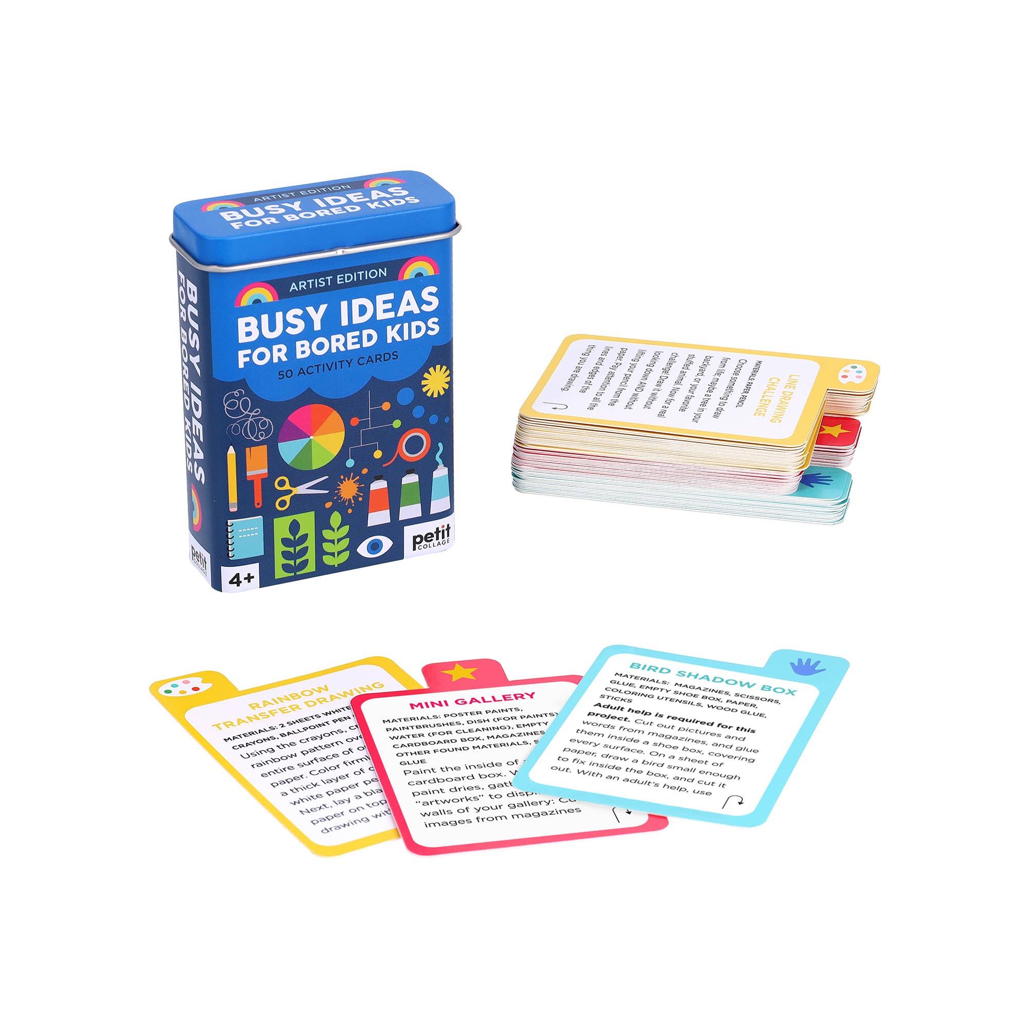 Tin labeled Busy Ideas for Bored Kids: Artist Edition with activity cards for screen-free crafts.