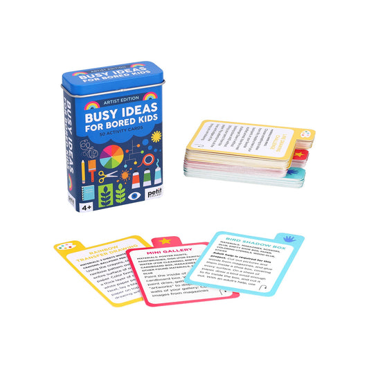 Tin labeled Busy Ideas for Bored Kids: Artist Edition with activity cards for screen-free crafts.