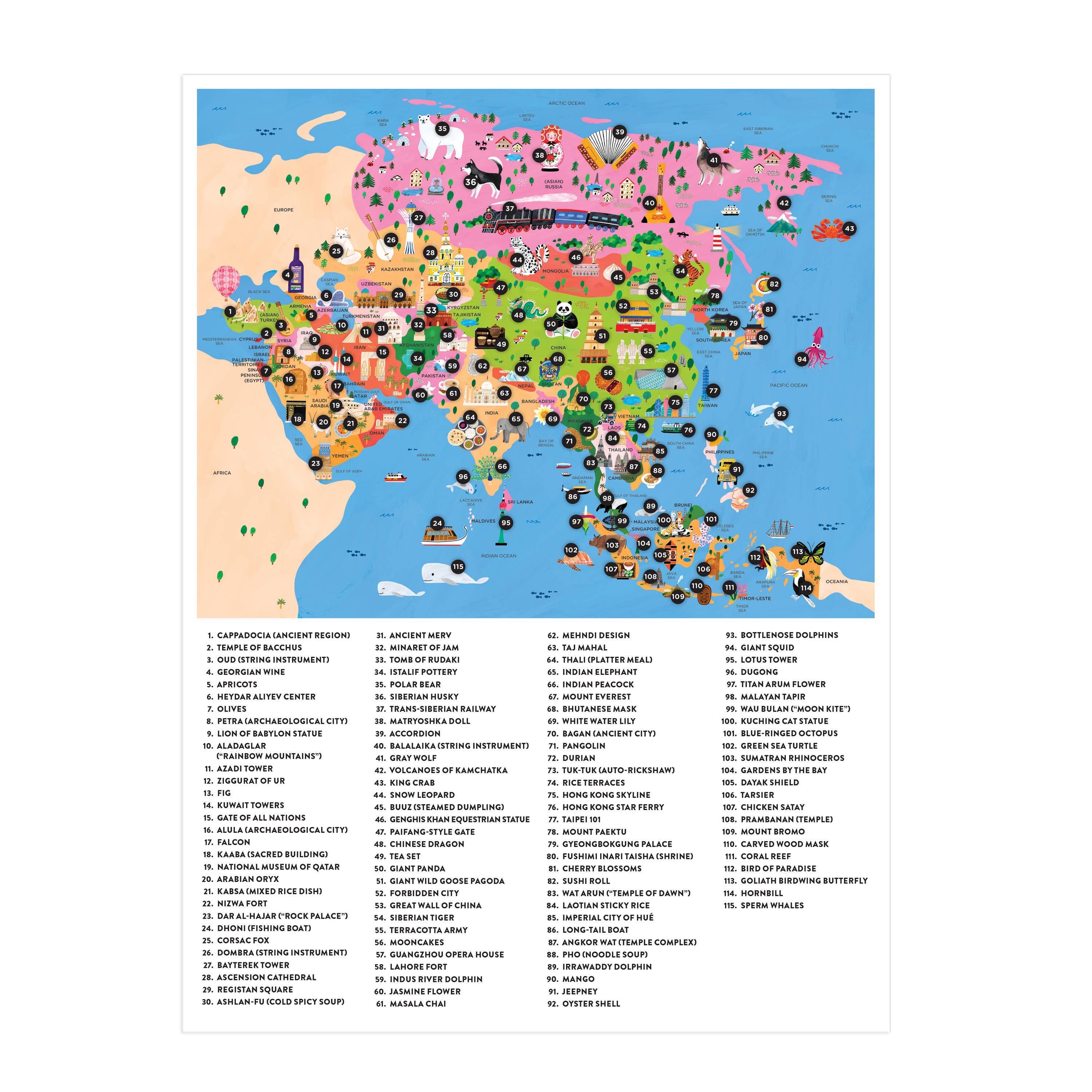 Map of Asia 70 Piece Geography Puzzle with animals, foods, landmarks, and a legend of 80 items.