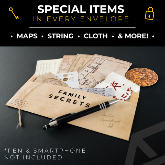 Family Secrets (Ep. 1 of 12) escape game with cards, maps, string, and pen in an open envelope.
