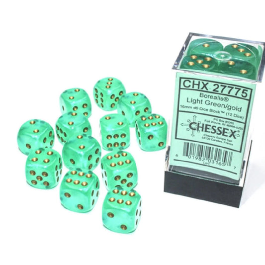 Twelve Borealis Light Green/Gold Luminary 16mm dice in a transparent Chessex box.
