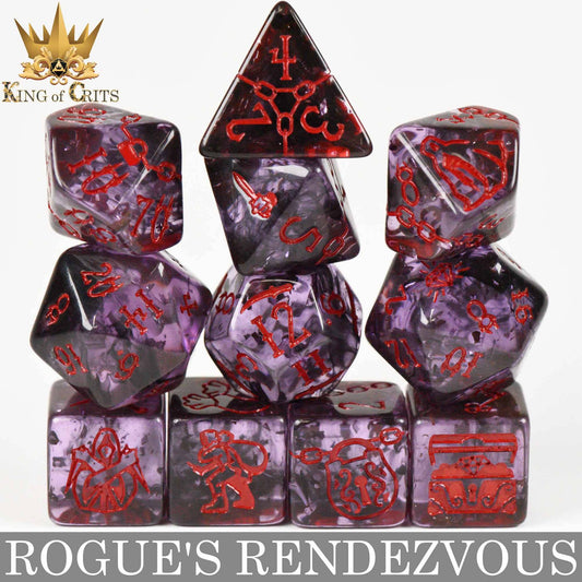 Rogues Rendezvous 11 Dice Set: purple dice with red numbers, stacked in two rows below the product name.