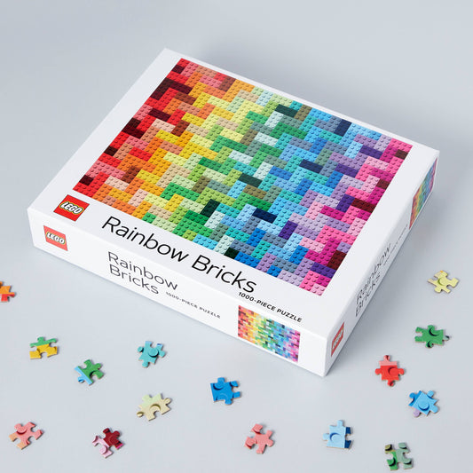 LEGO Rainbow Bricks Puzzle with 1000 colorful pieces displayed on a gray background.