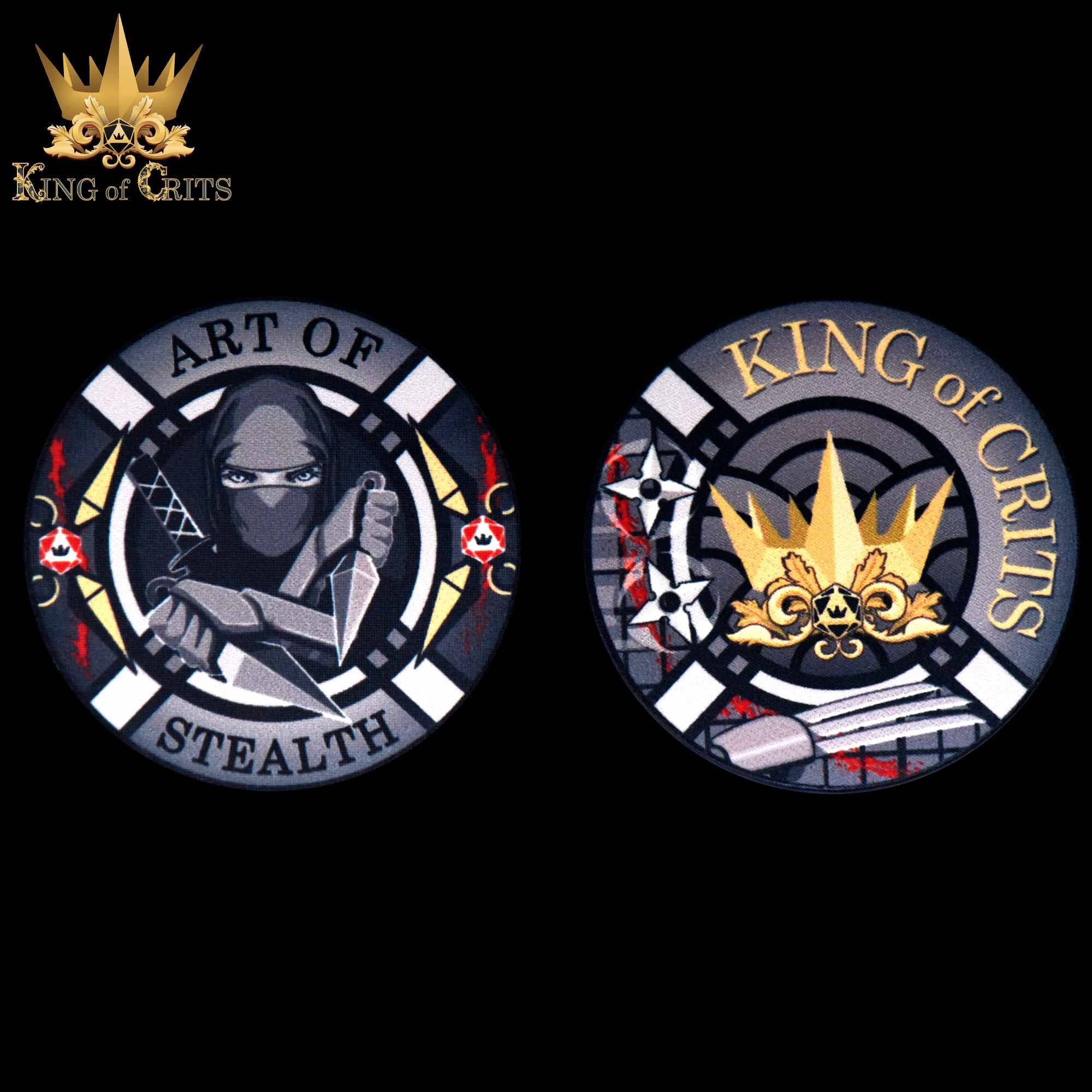 Two circular patches: one with a ninja and Art of Stealth, one with a crown and King of Crits.