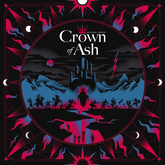 Crown of Ash board game with necromancer, dark castle, mountains, and shadows in a mystical setting on the cover.