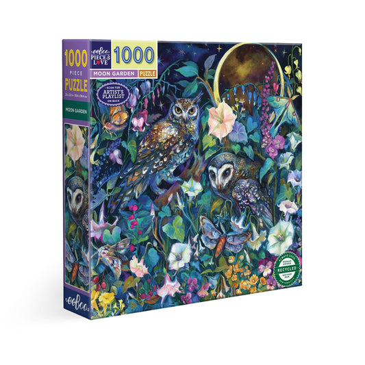 The Moon Garden 1000 Piece Puzzle with owls, moths, and flowers in a moonlit garden scene.