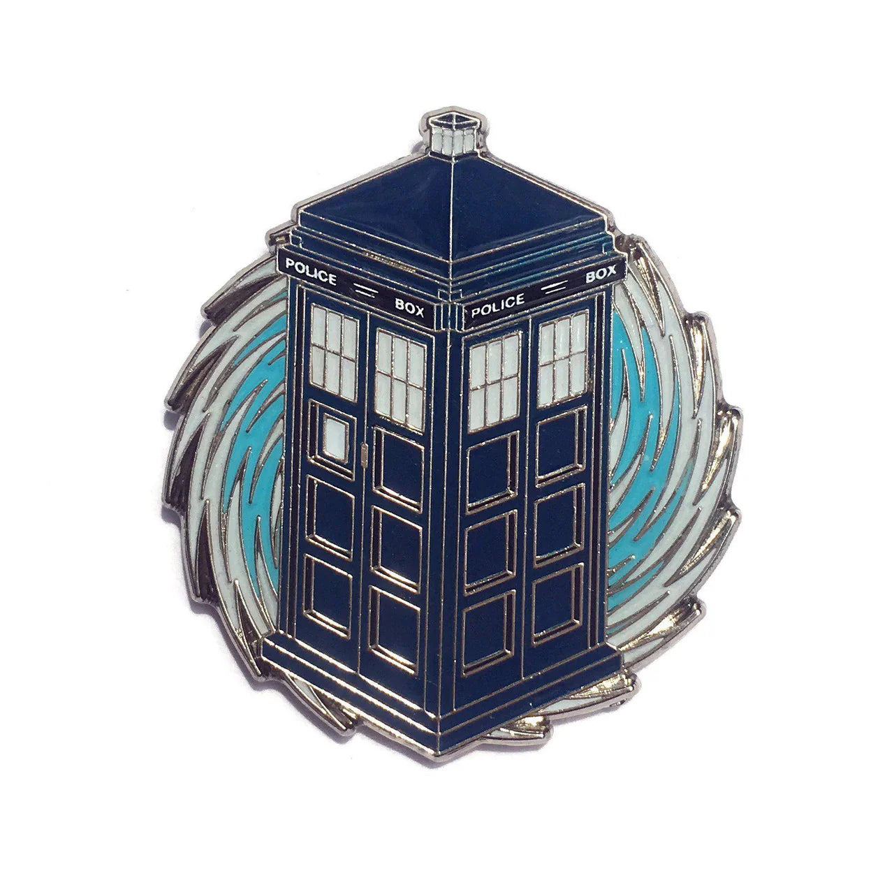 Kolorspun Pins Glowing Doctor Who TARDIS enamel pin with blue design and swirling background.
