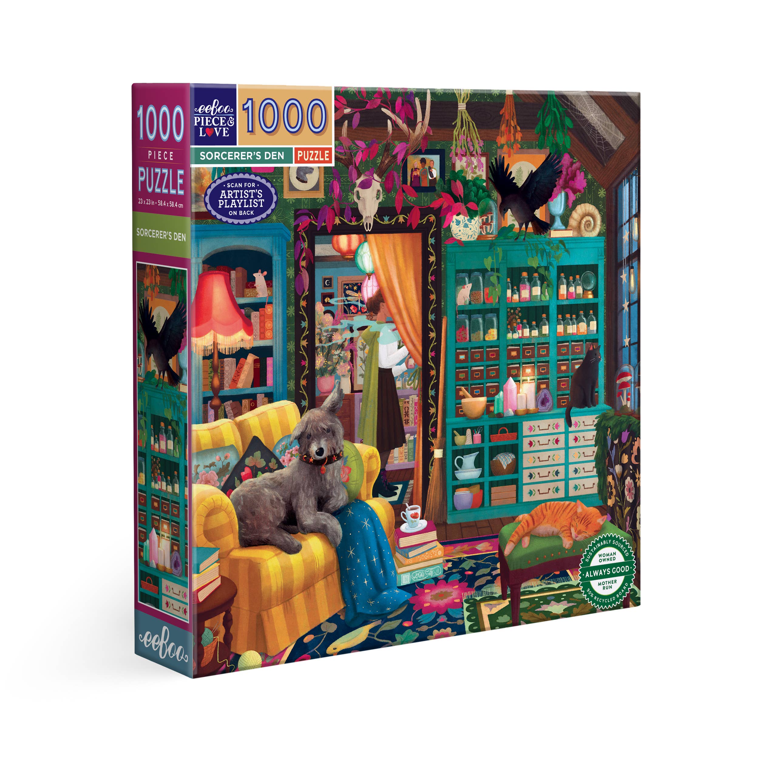The Sorcerers Den 1000 Piece Puzzle by Jennifer Potter, showing a room with a dog on a sofa and ravens.