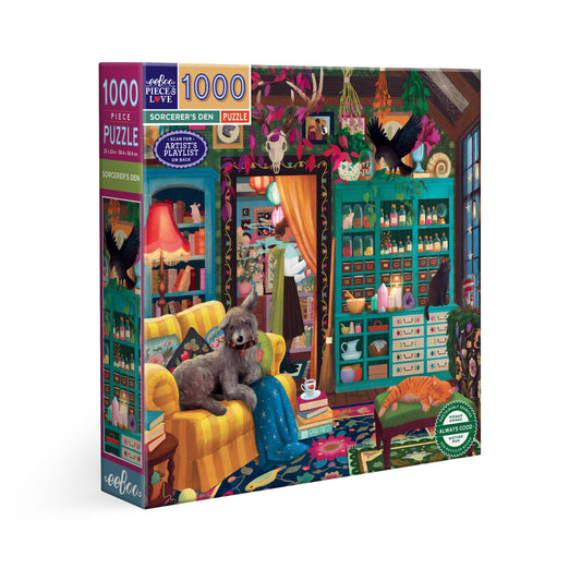 The Sorcerers Den 1000 Piece Puzzle by Jennifer Potter, showing a room with a dog on a sofa and ravens.