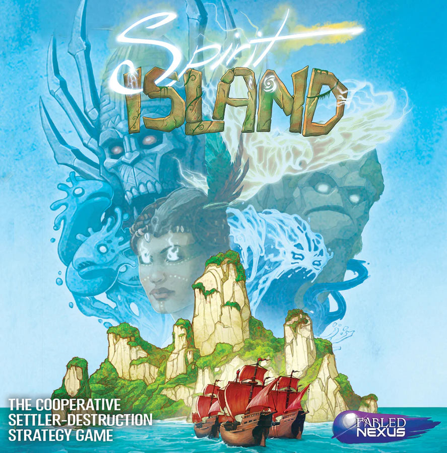 Spirit Island cooperative board game box featuring spirits above an island with cliffs and ships.
