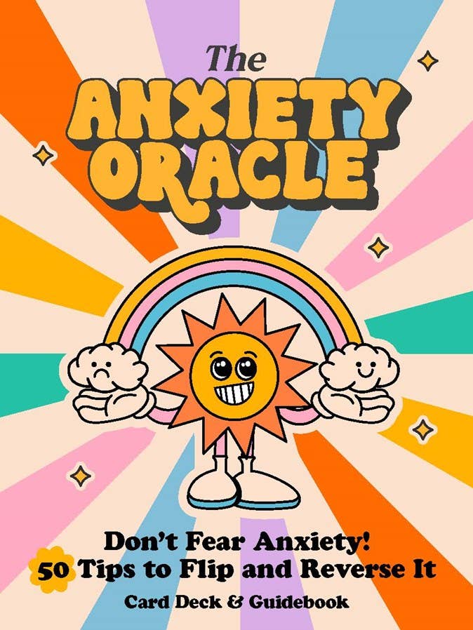 The Anxiety Oracle Deck featuring colorful cards with a sun, rainbow, and tips for anxiety relief.
