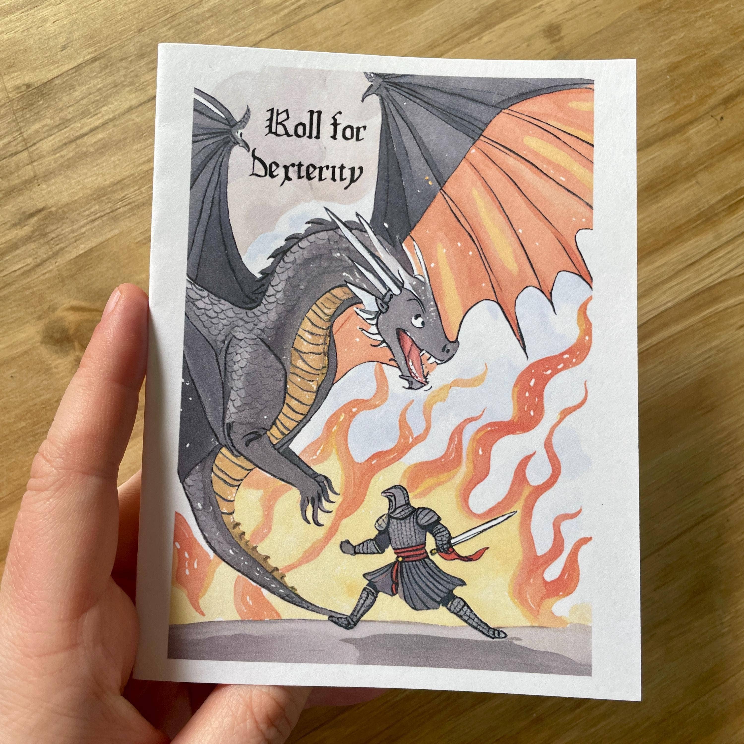 Medieval Knight and Dragon encouragement card on matte card stock, blank inside.