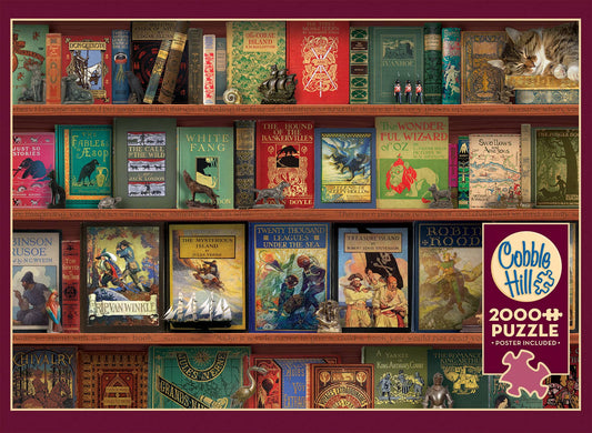 Adventure Storytime 2000-piece puzzle box featuring bookshelf of classic novels with vintage covers.